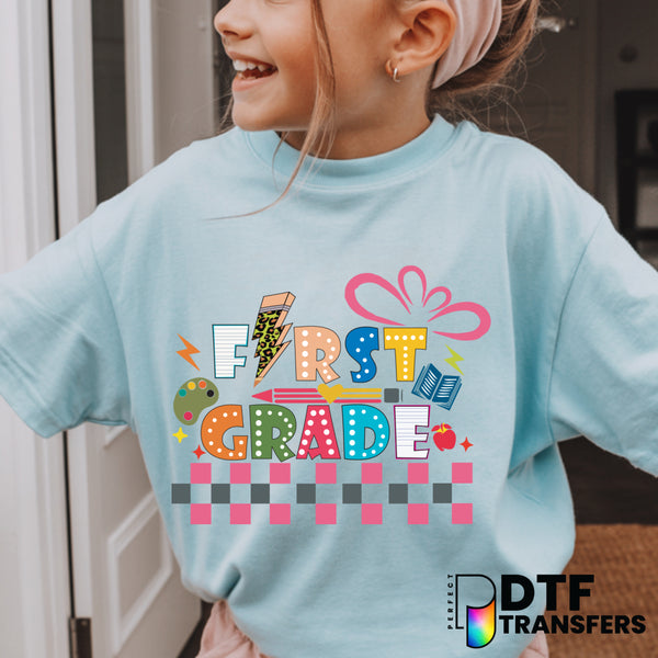 Colorful Checkered First Grade - Welcome Back to School – Teacher DTF Transfer