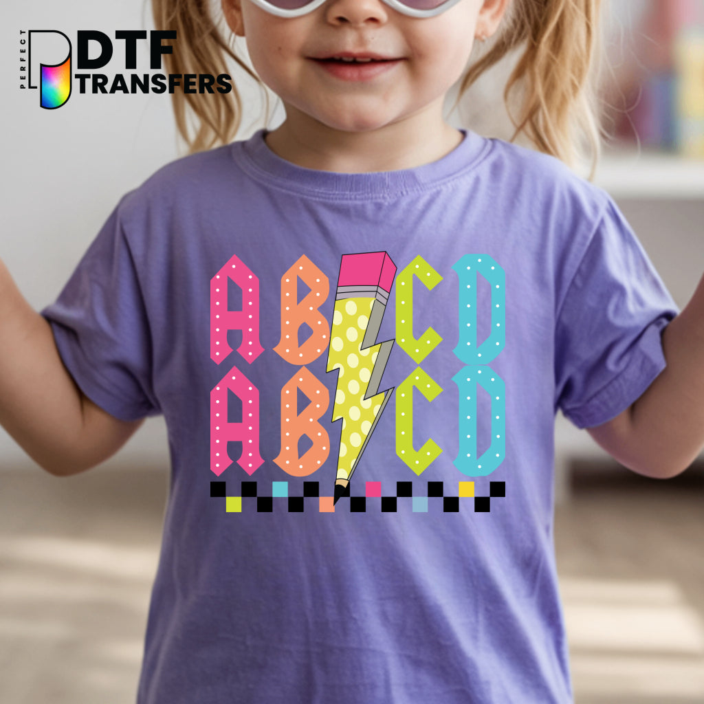 WELCOME BACK TO SCHOOL – Stacked ABCD Checkered Polka Dot Teacher DTF Transfer