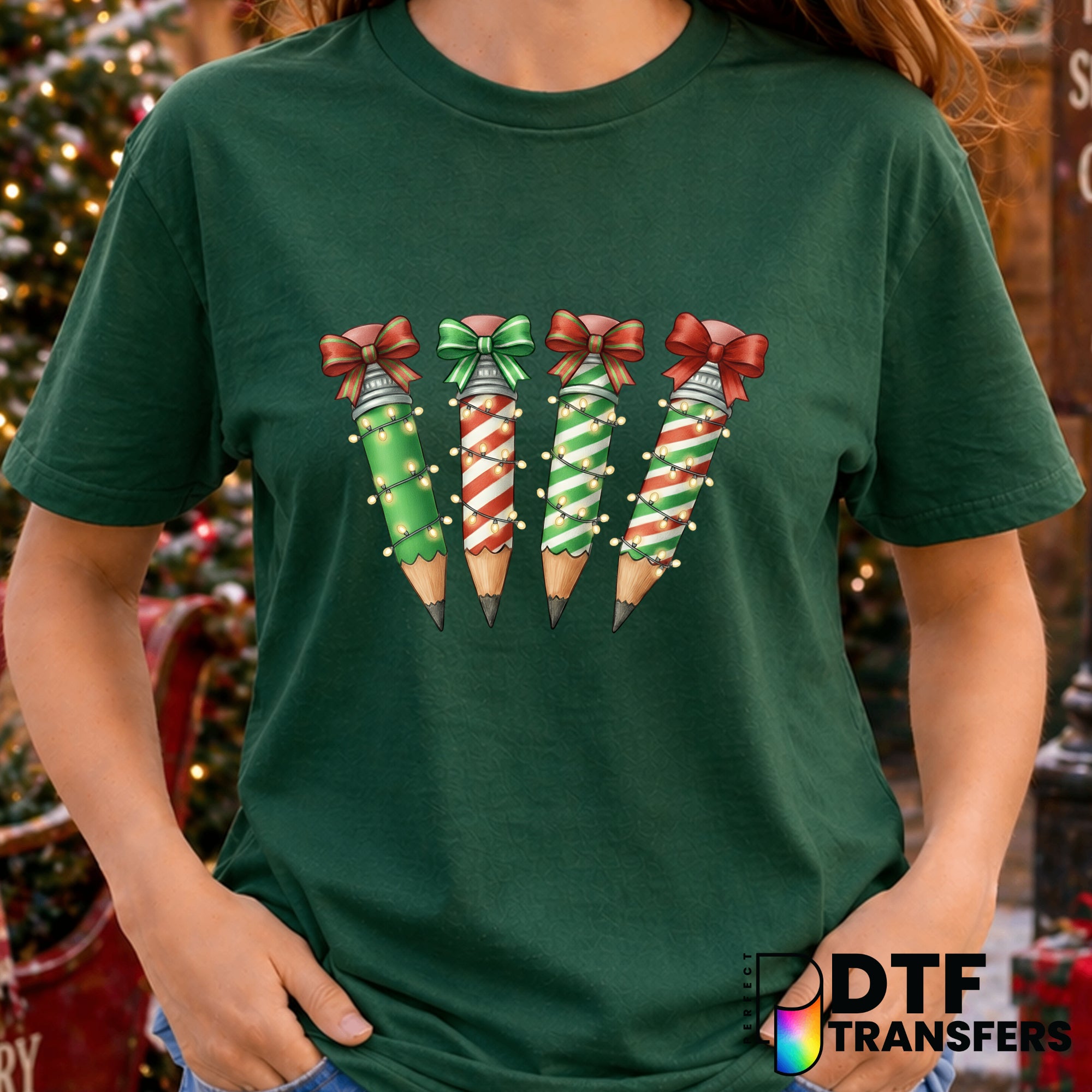 Christmas Teacher Pencil Coquette Bows Lights – Christmas DTF Transfer