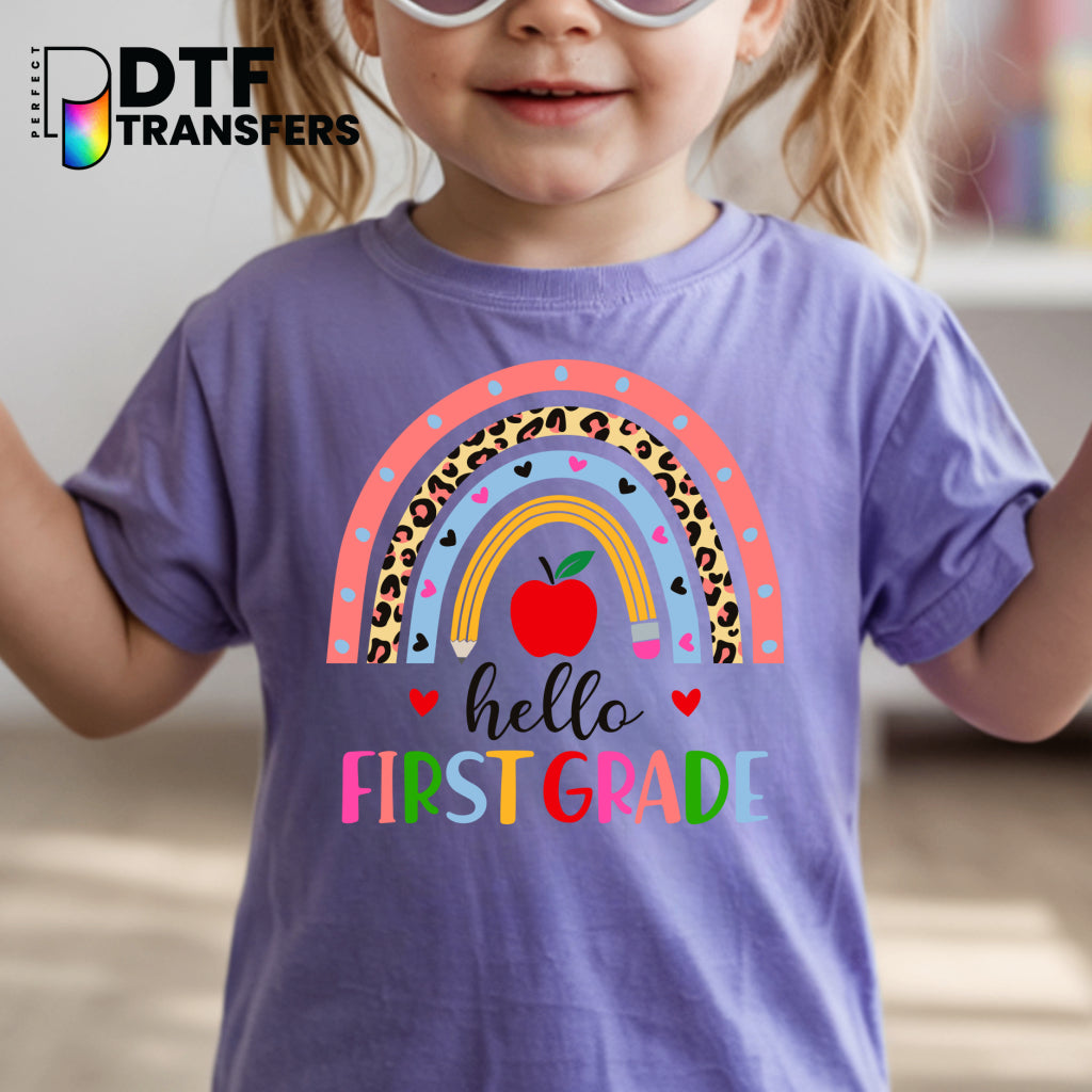 Hello First Grade Leopard Rainbow – Teacher DTF Transfer