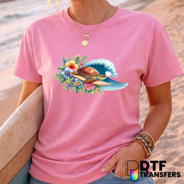 Surfing Turtle with Tropical Florals – Surfing DTF Transfer