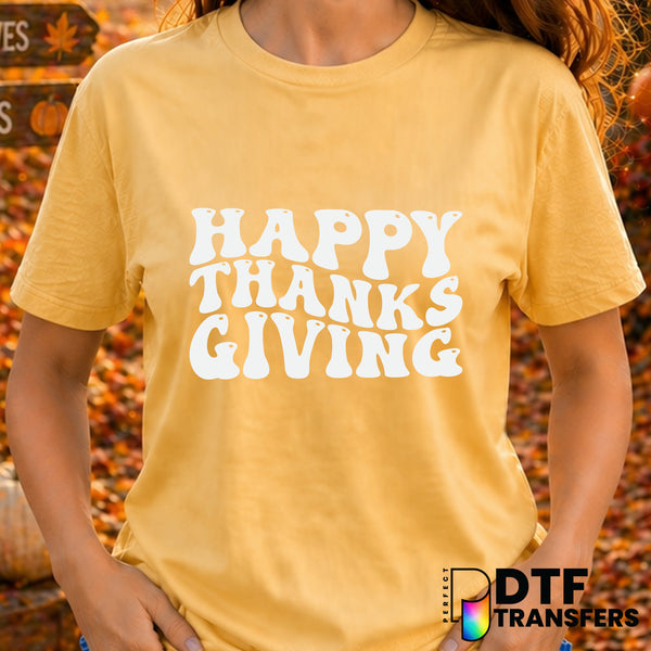 Happy Thanksgiving Retro Wavy Script – Thanksgiving DTF Transfer