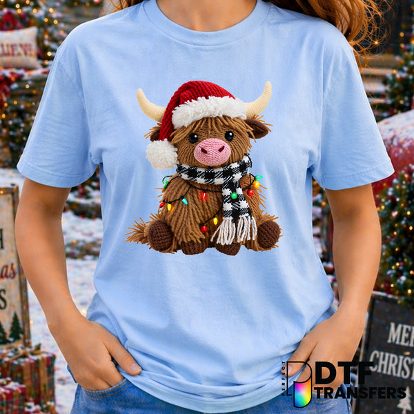 Faux Knit Highland Cow Christmas Lights Santa Hat – Christmas DTF Transfer