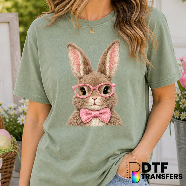 Retro Faux Yarn Bunny with Pink Bow Tie – Easter DTF Transfer