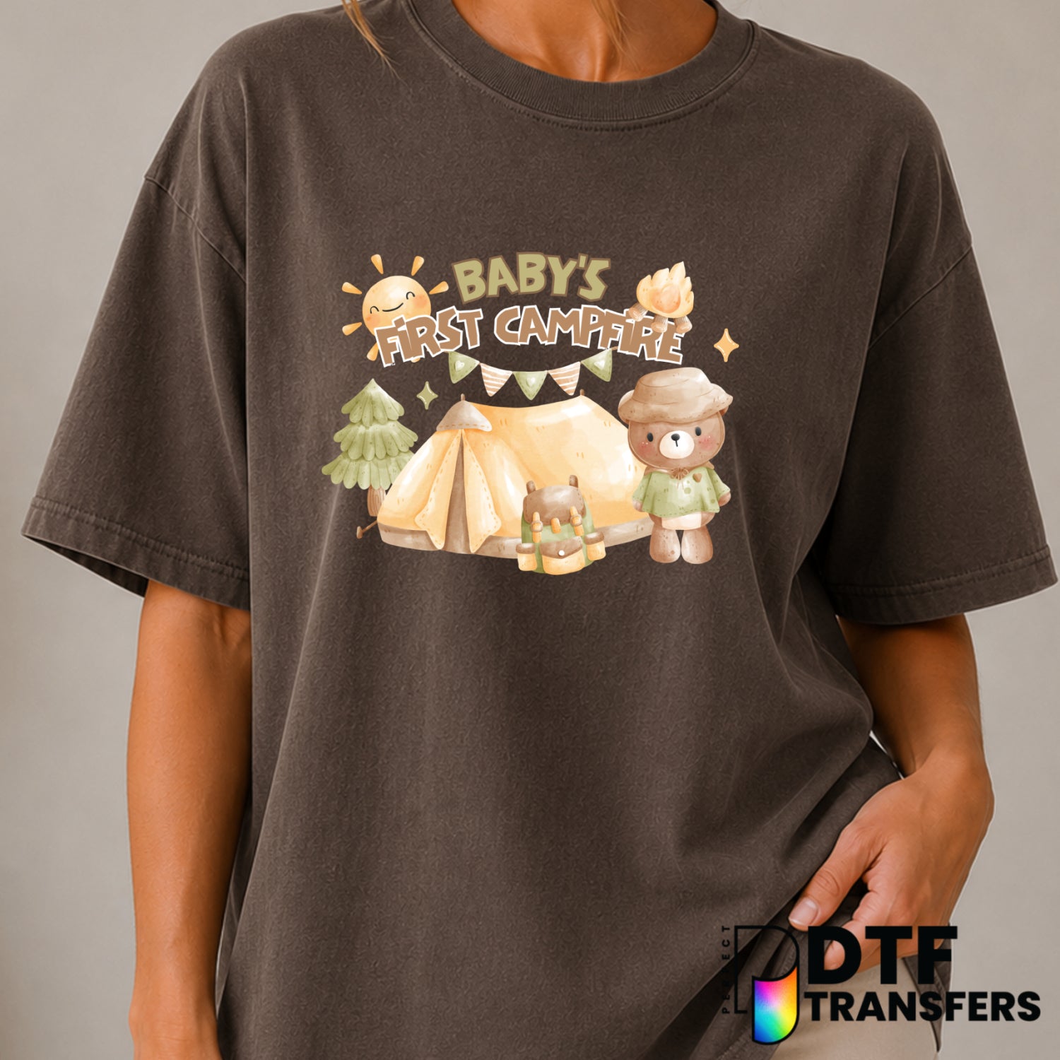 BABY'S FIRST CAMPFIRE – Camping DTF Transfer (view 1 of 2) – by Perfect DTF Transfers – Premade DTF Transfers – Camping, O...