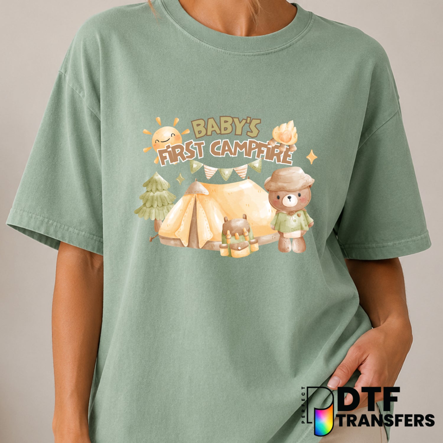 BABY'S FIRST CAMPFIRE – Camping DTF Transfer (view 2 of 2) – by Perfect DTF Transfers – Premade DTF Transfers – Camping, O...