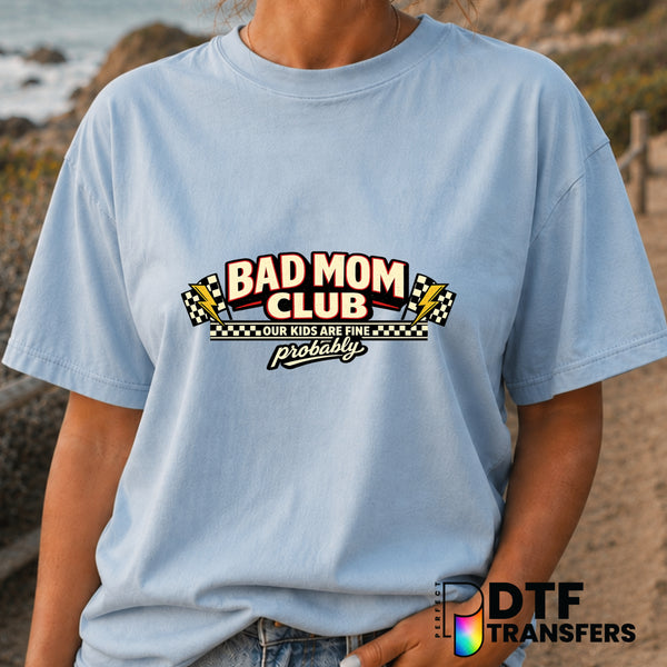 Bad Moms Club Arch Racing Checkered Flags – Mother's Day DTF Transfer (view 1 of 2) – by Perfect DTF Transfers – Premade D...