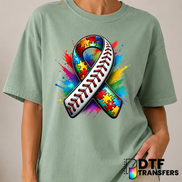 Baseball Ribbon Colorful Splatter – Autism Awareness DTF Transfer (view 1 of 2) – by Perfect DTF Transfers – Premade DTF T...
