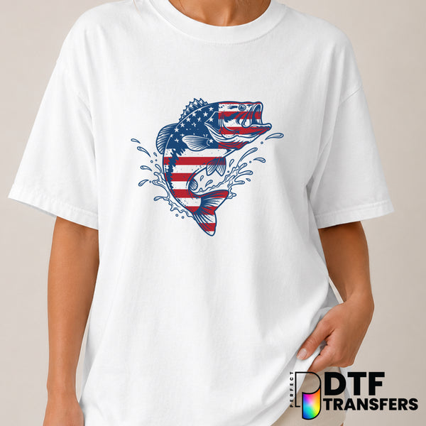 Bass Fish American Flag – Fishing DTF Transfer (view 2 of 2) – by Perfect DTF Transfers – Premade DTF Transfers – Fishing,...