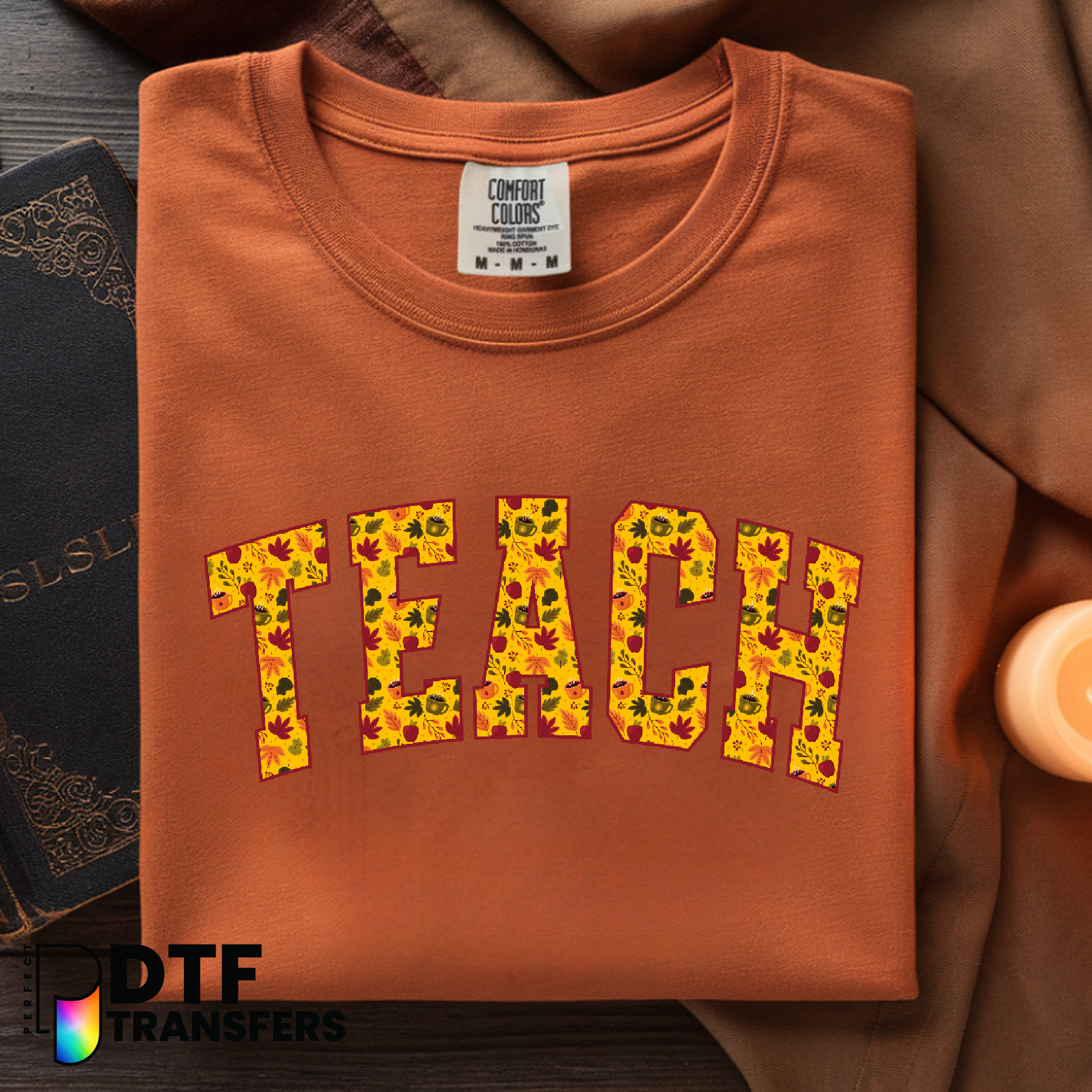 Retro Fall Teach Teacher with Apple and Pumpkin – Teacher DTF Transfer