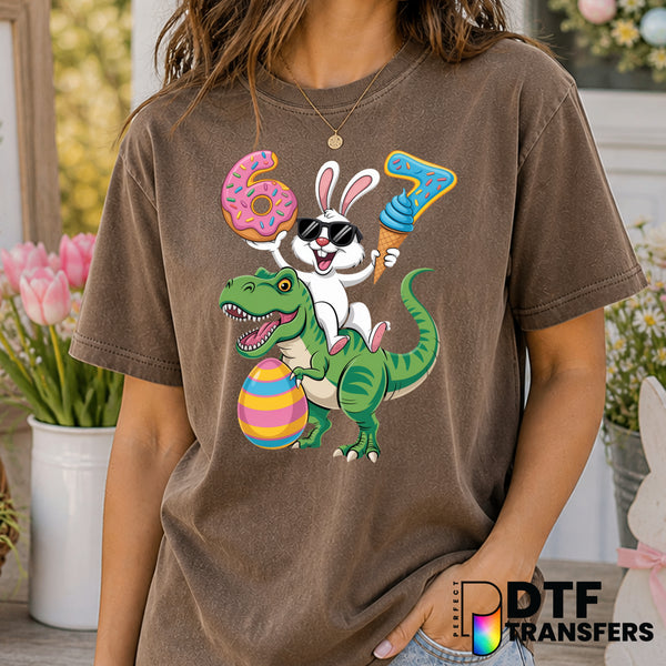 Funny Easter Bunny Riding Dinosaur – Easter DTF Transfer