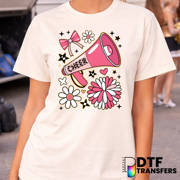 Cheer Megaphone with Flowers and Bows – Cheerleading DTF Transfer