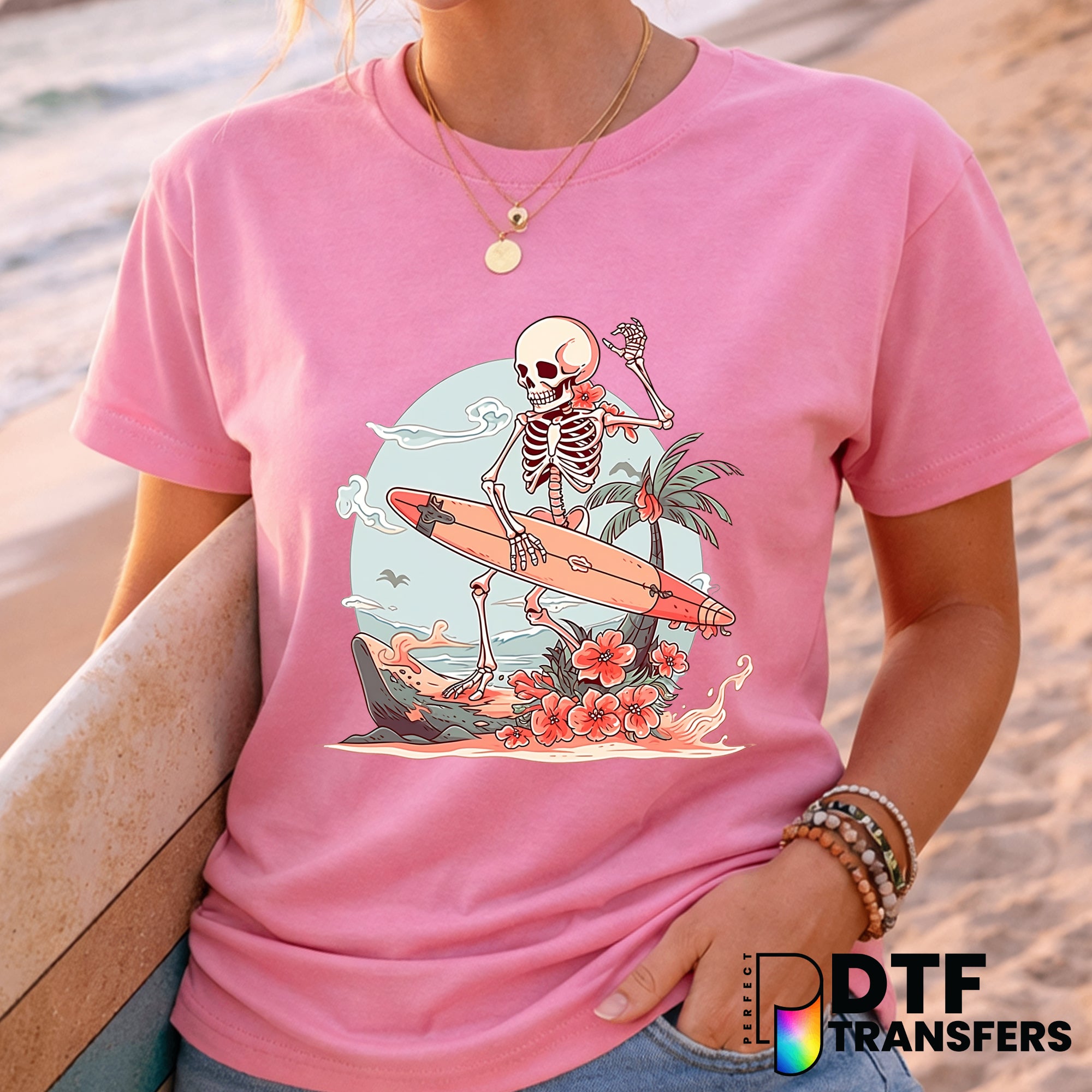 Pink Floral Skeleton Surfing – Surfing DTF Transfer