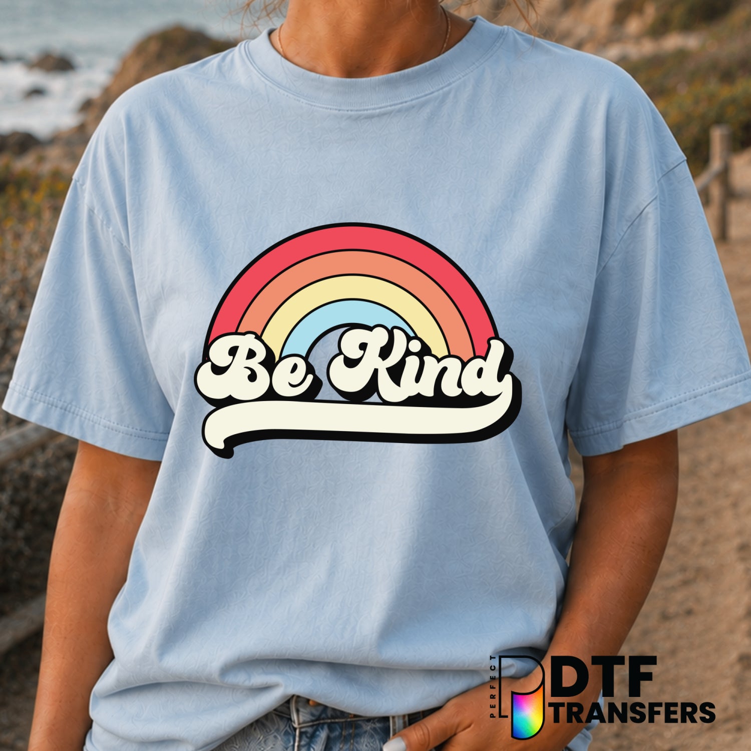 Be Kind Rainbow Script – Anti-Bullying DTF Transfer (view 2 of 2) – by Perfect DTF Transfers – Premade DTF Transfers – Ant...