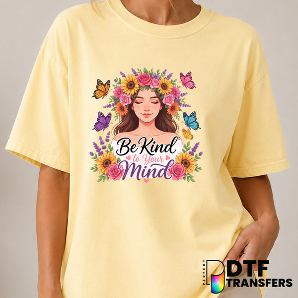Be Kind To Your Mind – Mental Health Awareness DTF Transfer (view 1 of 2) – by Perfect DTF Transfers – Premade DTF Transfe...