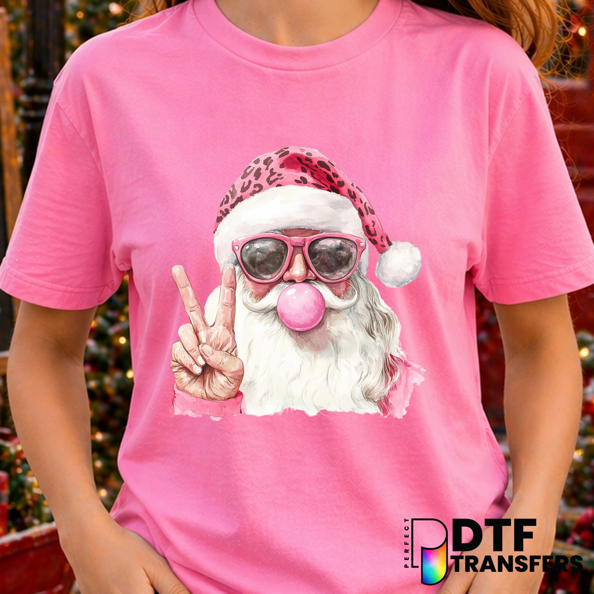 Retro Santa Blowing Bubble Pink Leopard – Christmas DTF Transfer