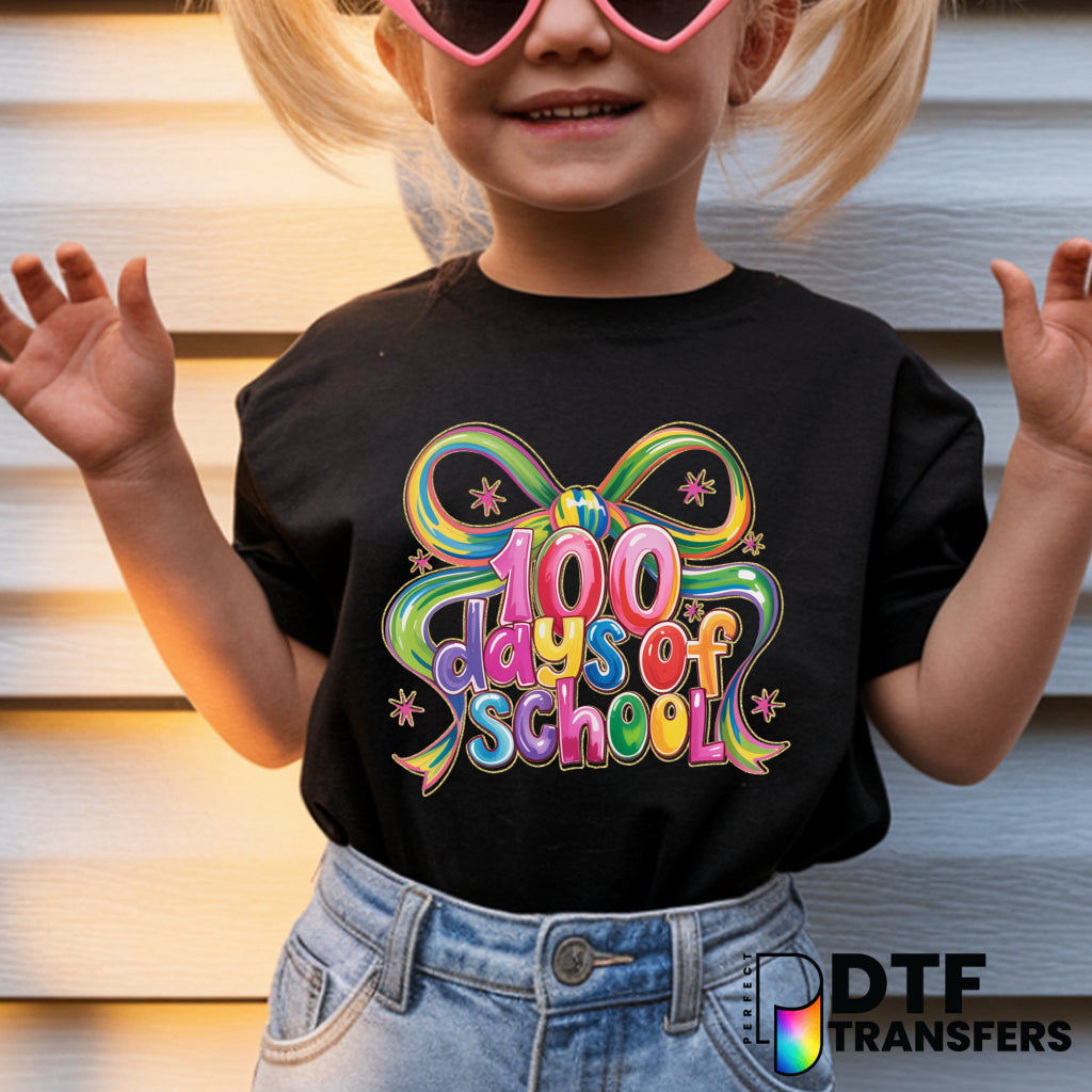 100 DAYS OF SCHOOL with Rainbow Coquette Bow – Teacher DTF Transfer