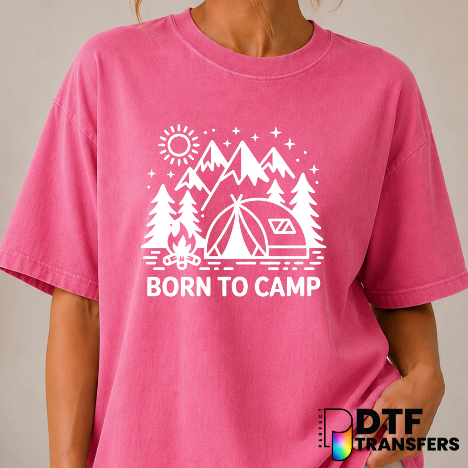BORN TO CAMP – Camping DTF Transfer (view 1 of 2) – by Perfect DTF Transfers – Premade DTF Transfers – Camping, Outdoor