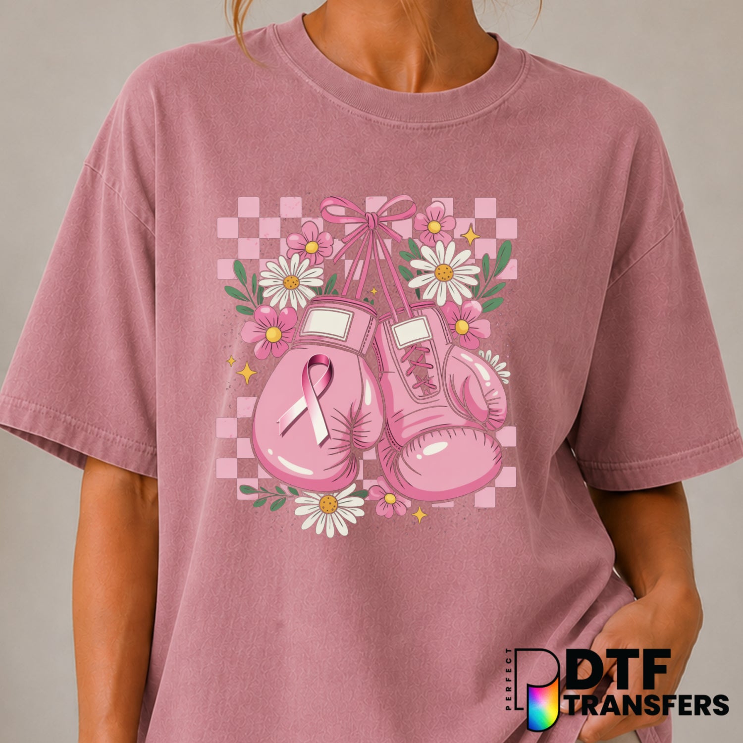 Boxing Gloves Beat Breast Cancer – Cancer Awareness DTF Transfer (view 1 of 2) – by Perfect DTF Transfers – Premade DTF Tr...