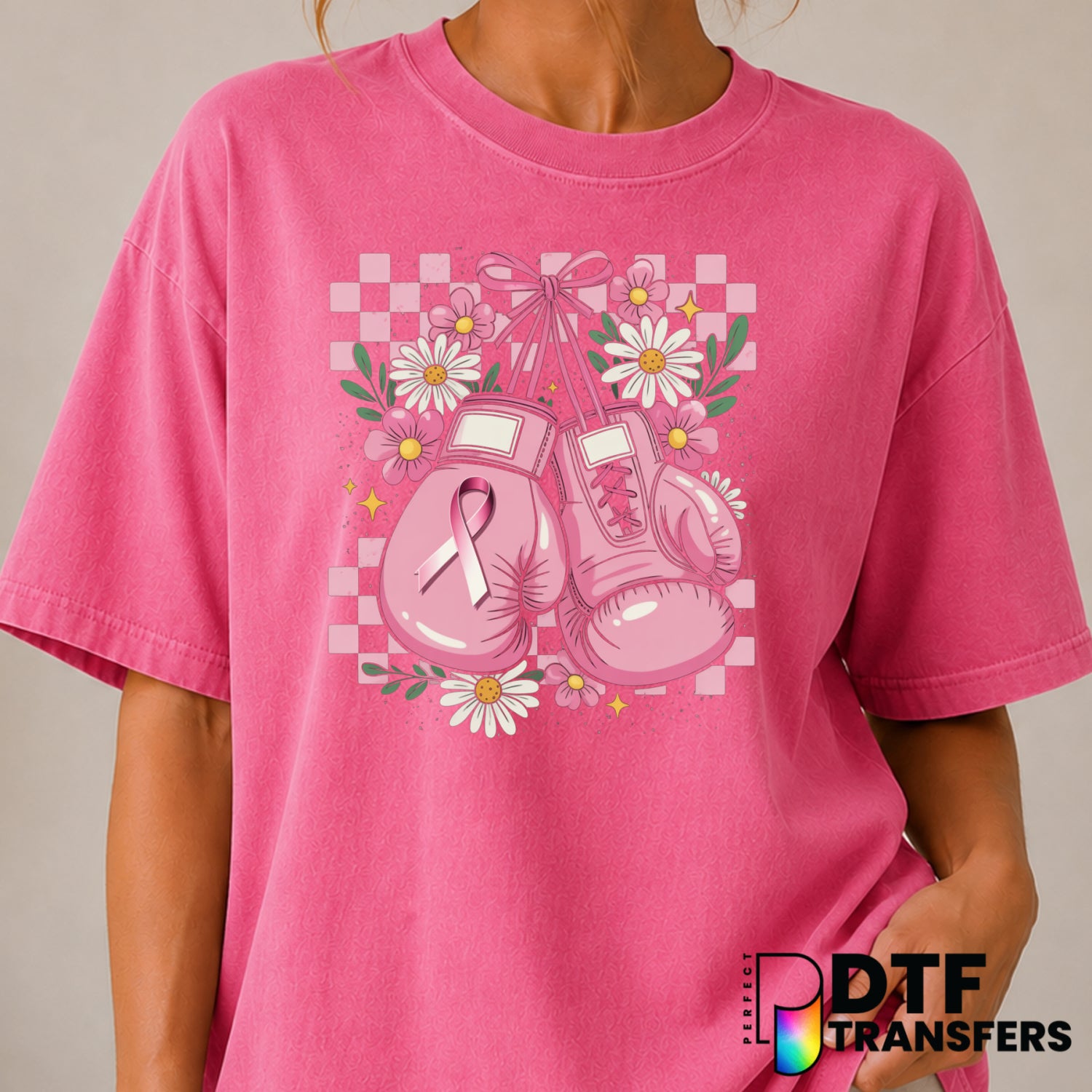 Boxing Gloves Beat Breast Cancer – Cancer Awareness DTF Transfer (view 2 of 2) – by Perfect DTF Transfers – Premade DTF Tr...