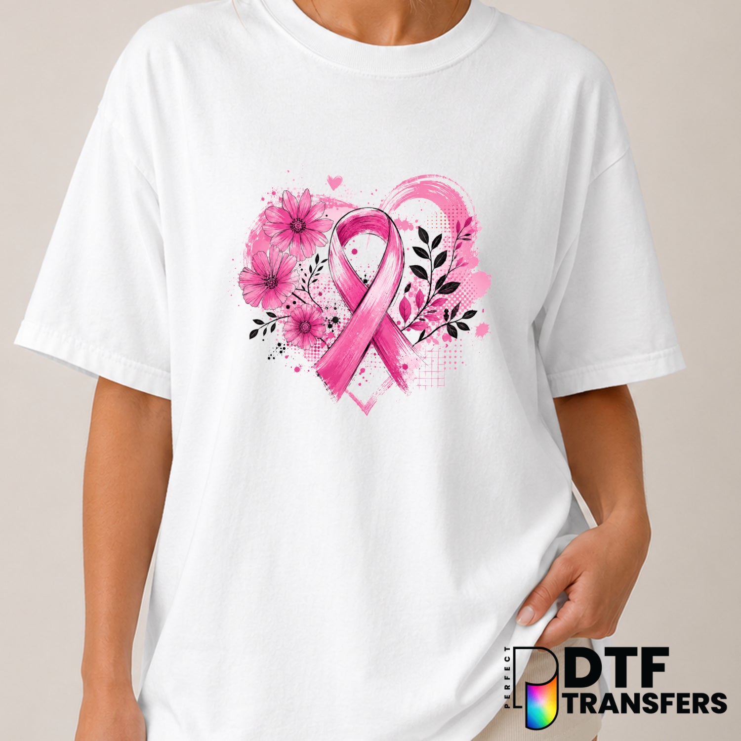 Breast Cancer Ribbon Floral Heart – Cancer Awareness DTF Transfer (view 2 of 2) – by Perfect DTF Transfers – Premade DTF T...