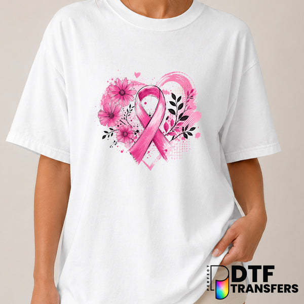 Breast Cancer Ribbon Floral Heart – Cancer Awareness DTF Transfer (view 2 of 2) – by Perfect DTF Transfers – Premade DTF T...