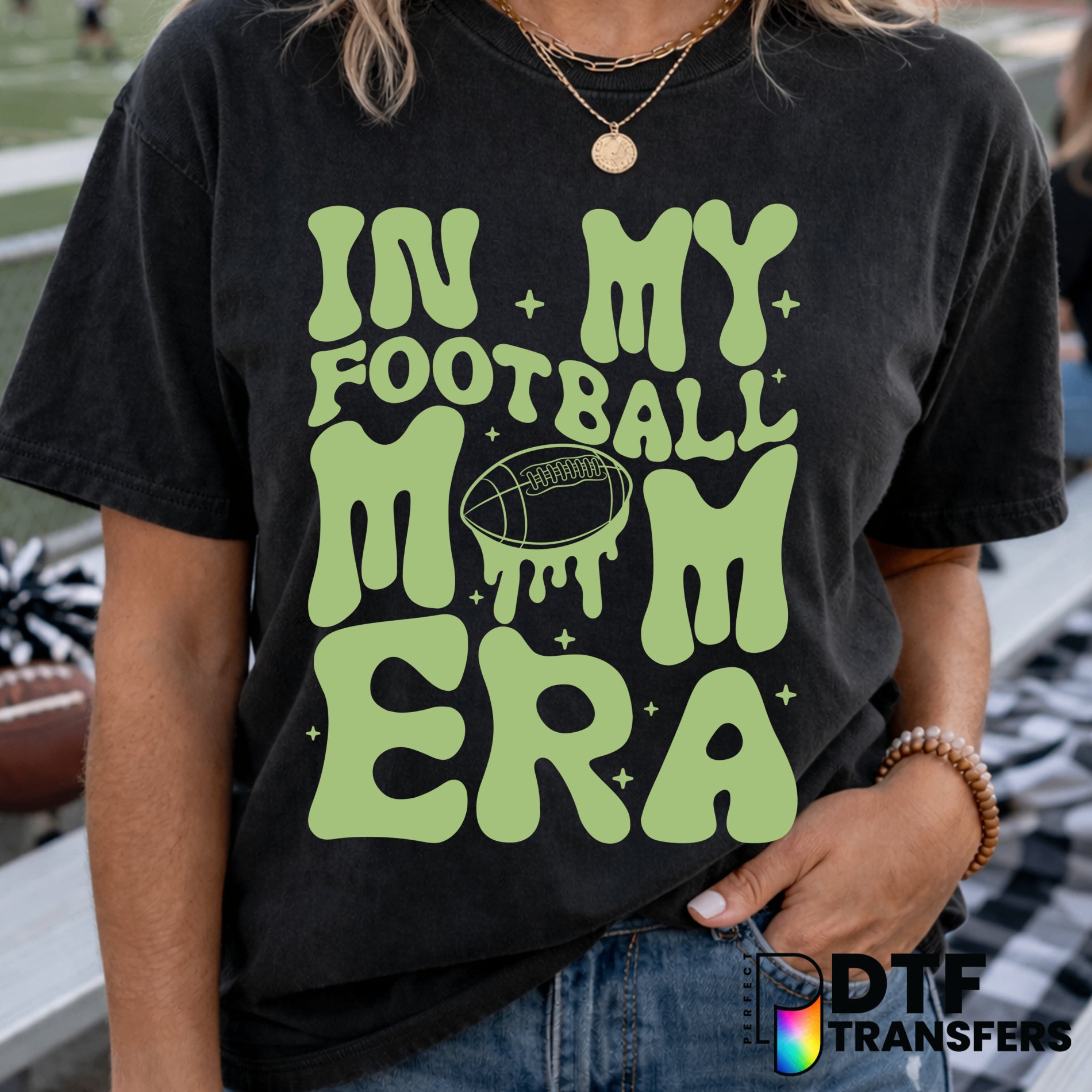 In my Football Mom Era Retro Groovy – Football DTF Transfer
