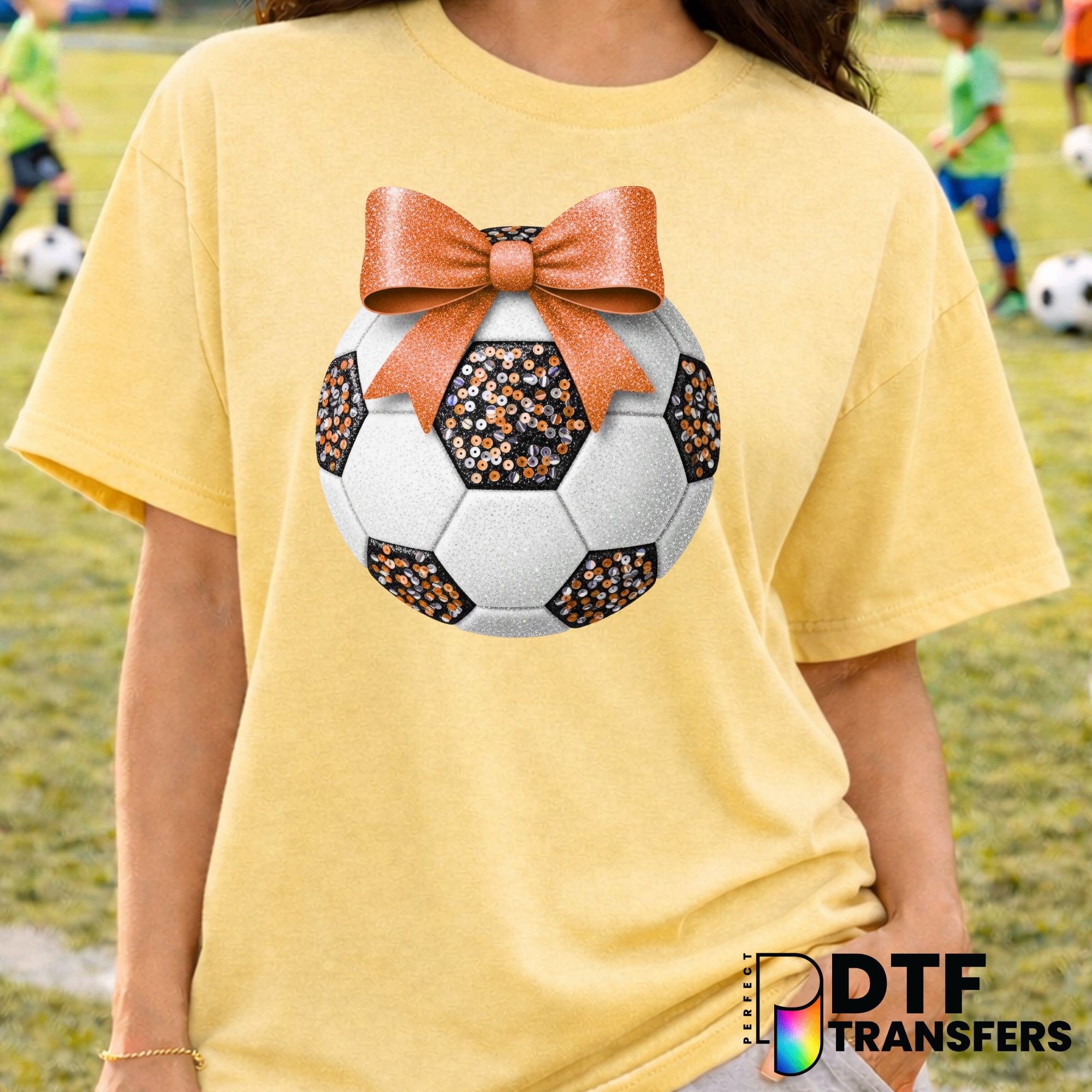 Orange Glitter Sequin Soccer Ball with Coquette Bow – Soccer DTF Transfer