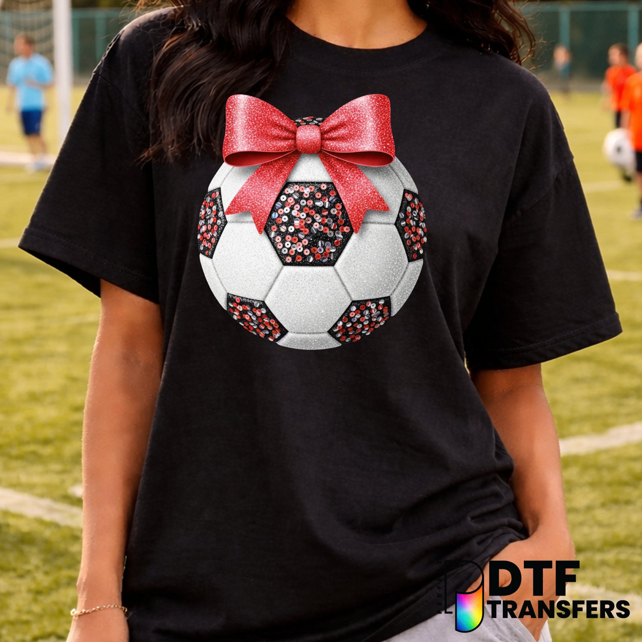 Red Glitter Sequin Soccer Ball with Bow – Soccer DTF Transfer