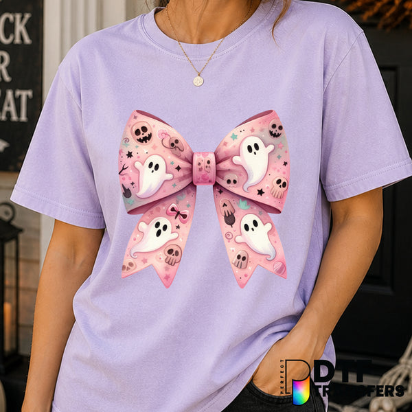 Coquette Ghost with Pink Bow – Halloween DTF Transfer
