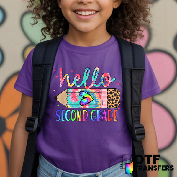 Hello Second Grade Tie Dye Pencil – Teacher DTF Transfer