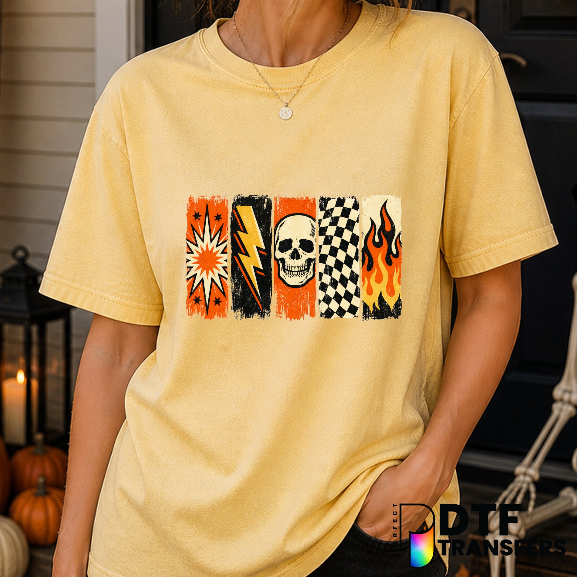 VINTAGE RETRO HALLOWEEN SKULL FLAMES CHECKERED GRUNGE – Halloween DTF Transfer