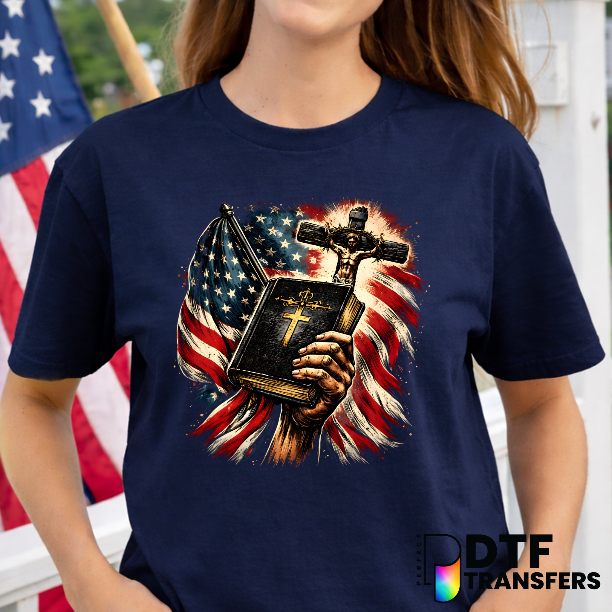 American Flag Cross Bible – Fourth of July DTF Transfer