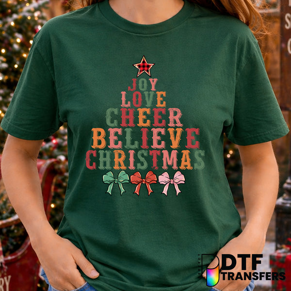 Joy Love Cheer Believe Christmas Tree – DTF Transfer