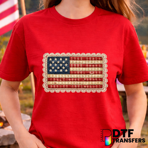 American Flag Coquette Faux Patchwork Lace – Fourth of July DTF Transfer