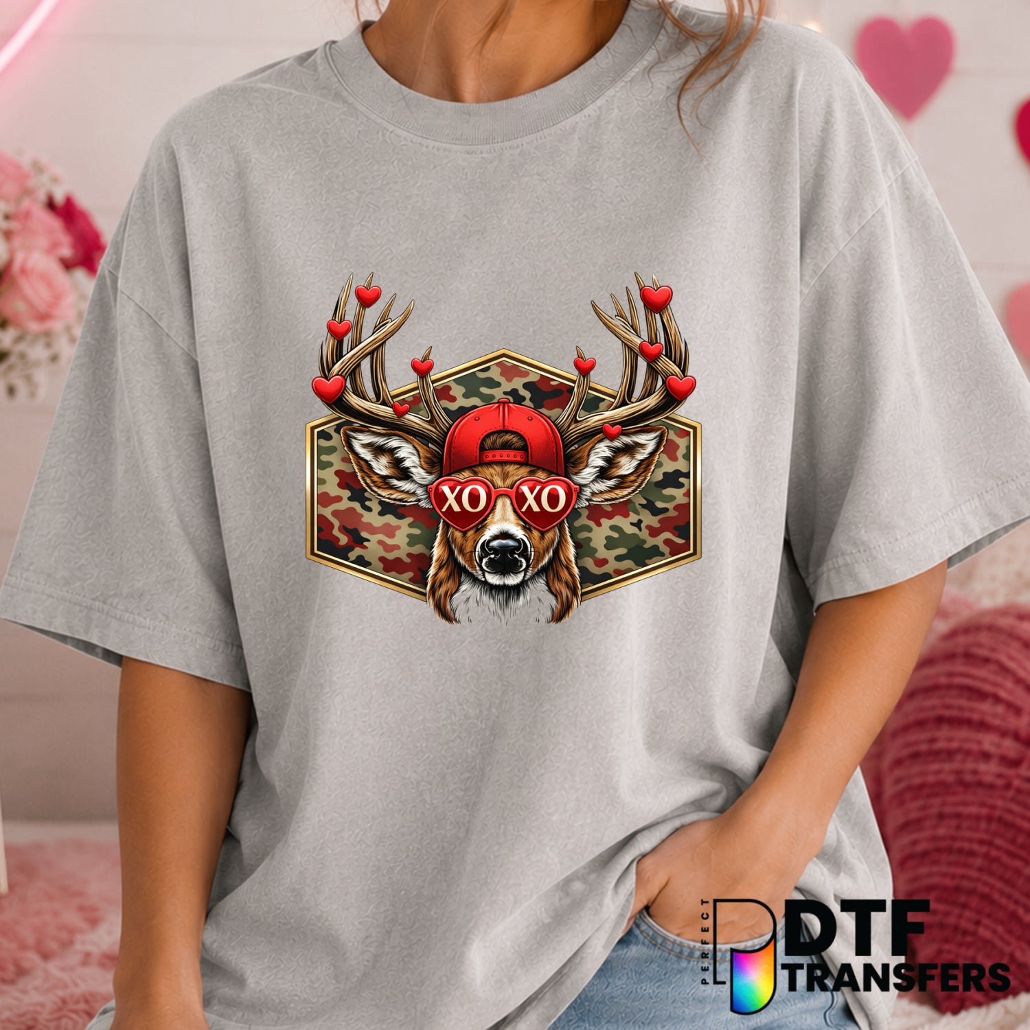 Camo Deer with Hearts – Valentine's Day DTF Transfer (view 1 of 2) – by Perfect DTF Transfers – Premade DTF Transfers – Va...