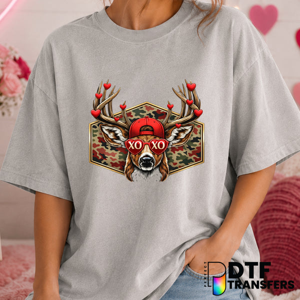 Camo Deer with Hearts – Valentine's Day DTF Transfer (view 1 of 2) – by Perfect DTF Transfers – Premade DTF Transfers – Va...