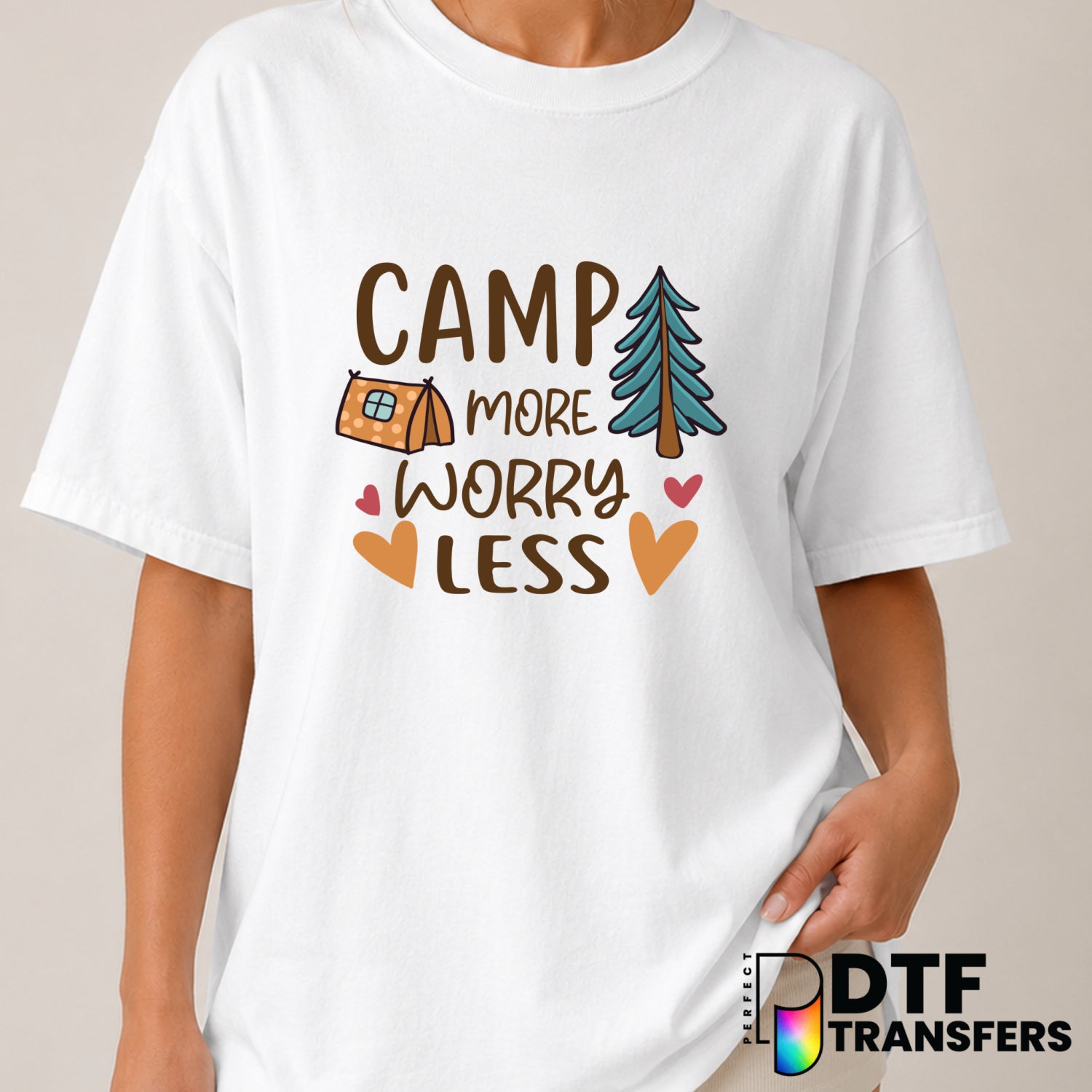 Camp More Worry Less – Camping DTF Transfer (view 1 of 2) – by Perfect DTF Transfers – Premade DTF Transfers – Camping, Ou...