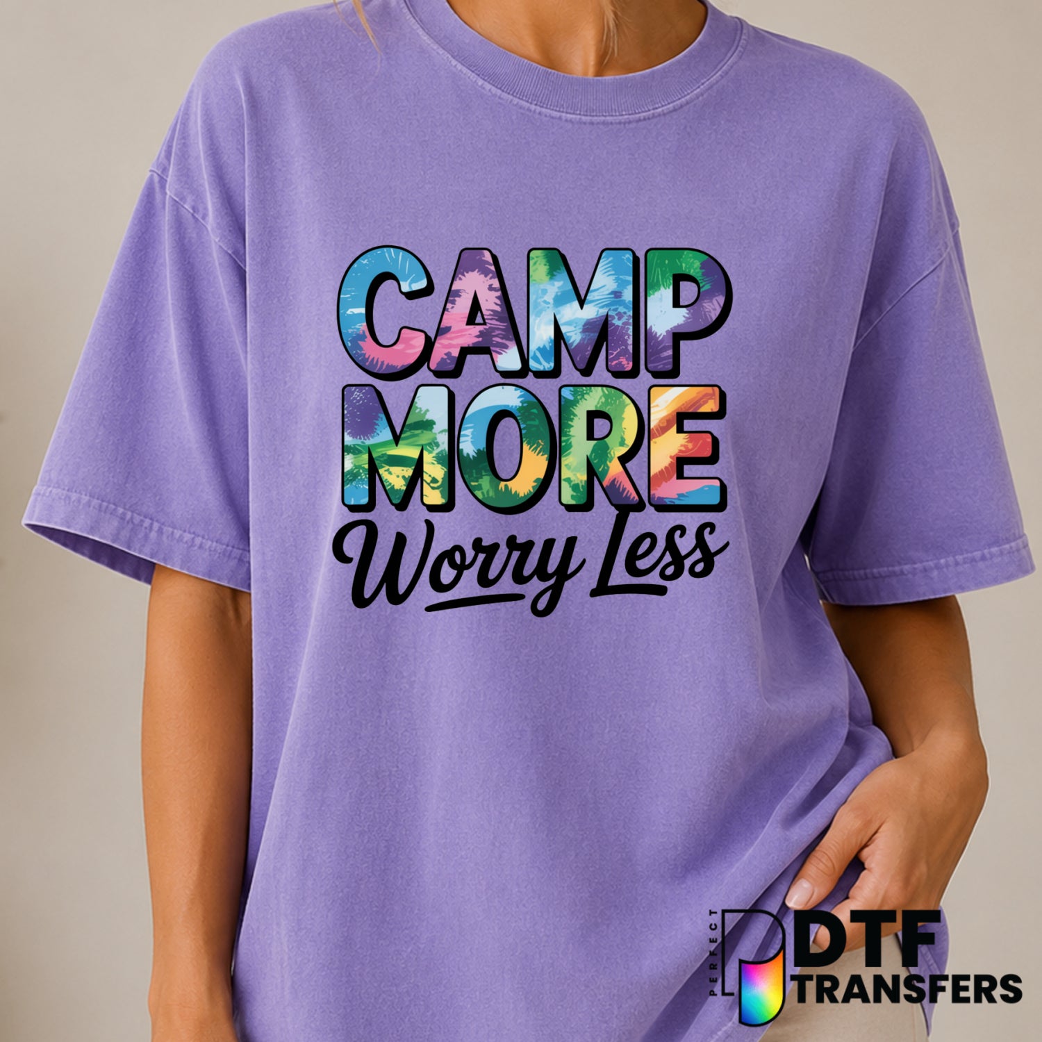 Camp More Worry Less – Camping DTF Transfer (view 2 of 2) – by Perfect DTF Transfers – Premade DTF Transfers – Camping, Ou...
