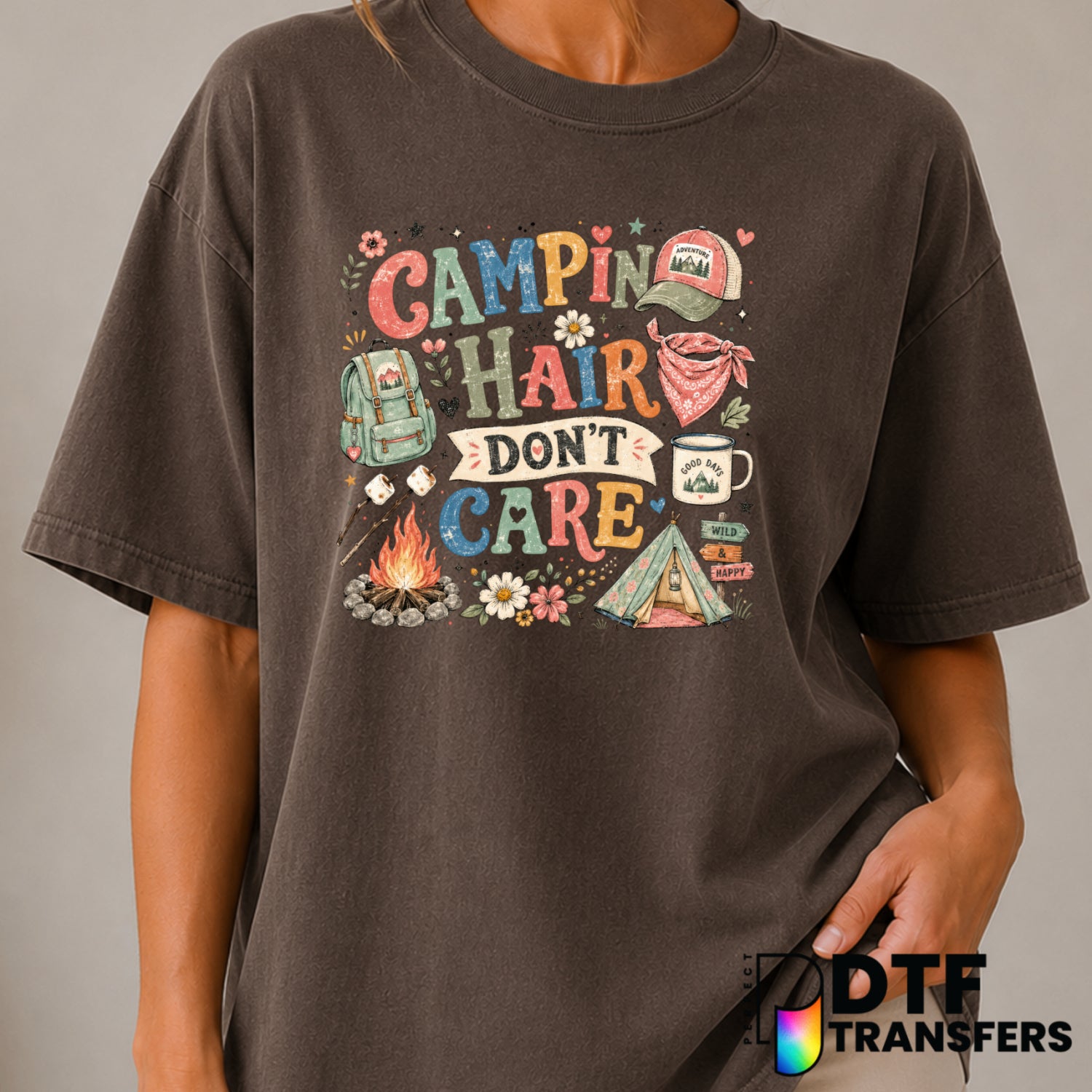 Camping Hair Don't Care – Camping DTF Transfer (view 1 of 2) – by Perfect DTF Transfers – Premade DTF Transfers – Camping,...