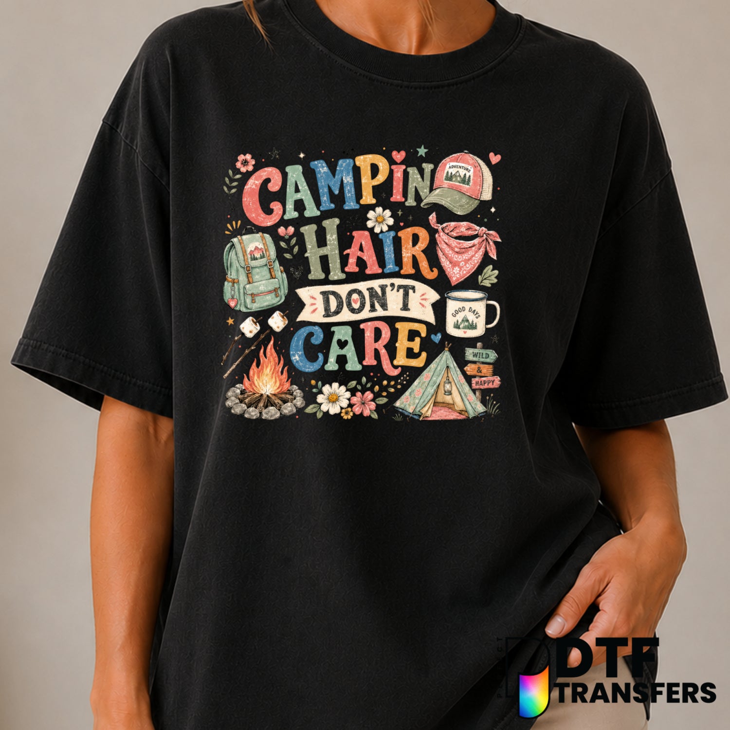 Camping Hair Don't Care – Camping DTF Transfer (view 2 of 2) – by Perfect DTF Transfers – Premade DTF Transfers – Camping,...