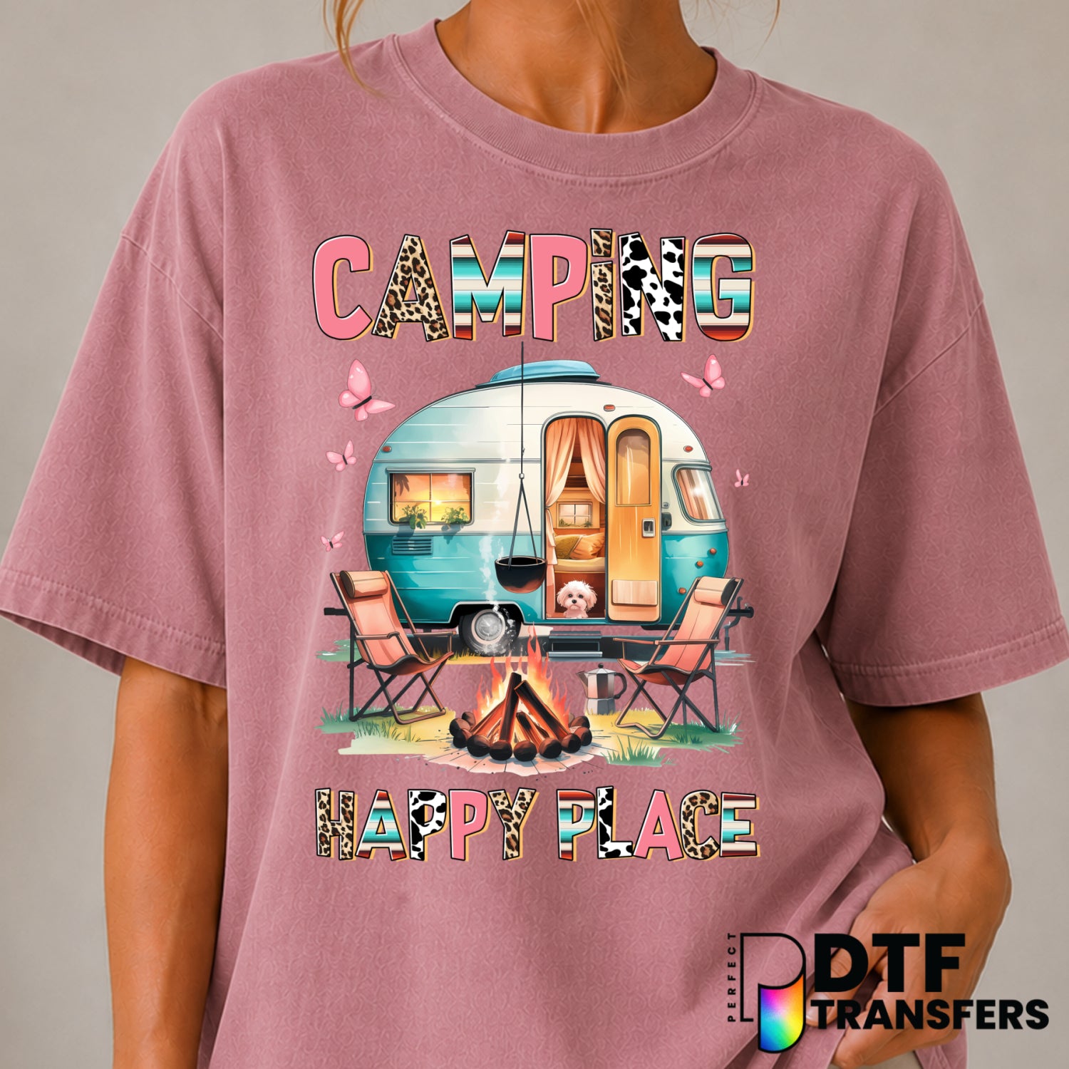Camping Happy Place RV Camper – Camping DTF Transfer (view 1 of 2) – by Perfect DTF Transfers – Premade DTF Transfers – Ca...
