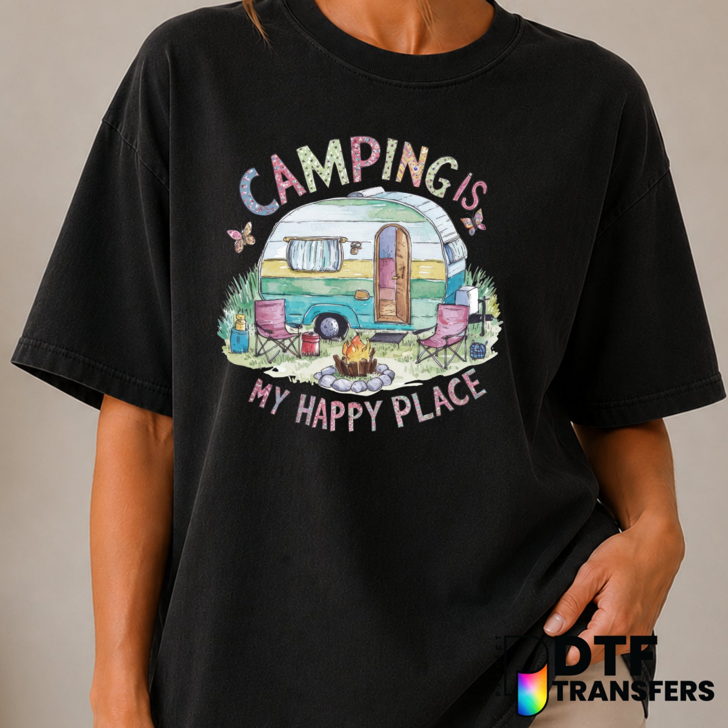 Camping Is My Happy Place – Camping DTF Transfer (view 1 of 2) – by Perfect DTF Transfers – Premade DTF Transfers – Campin...