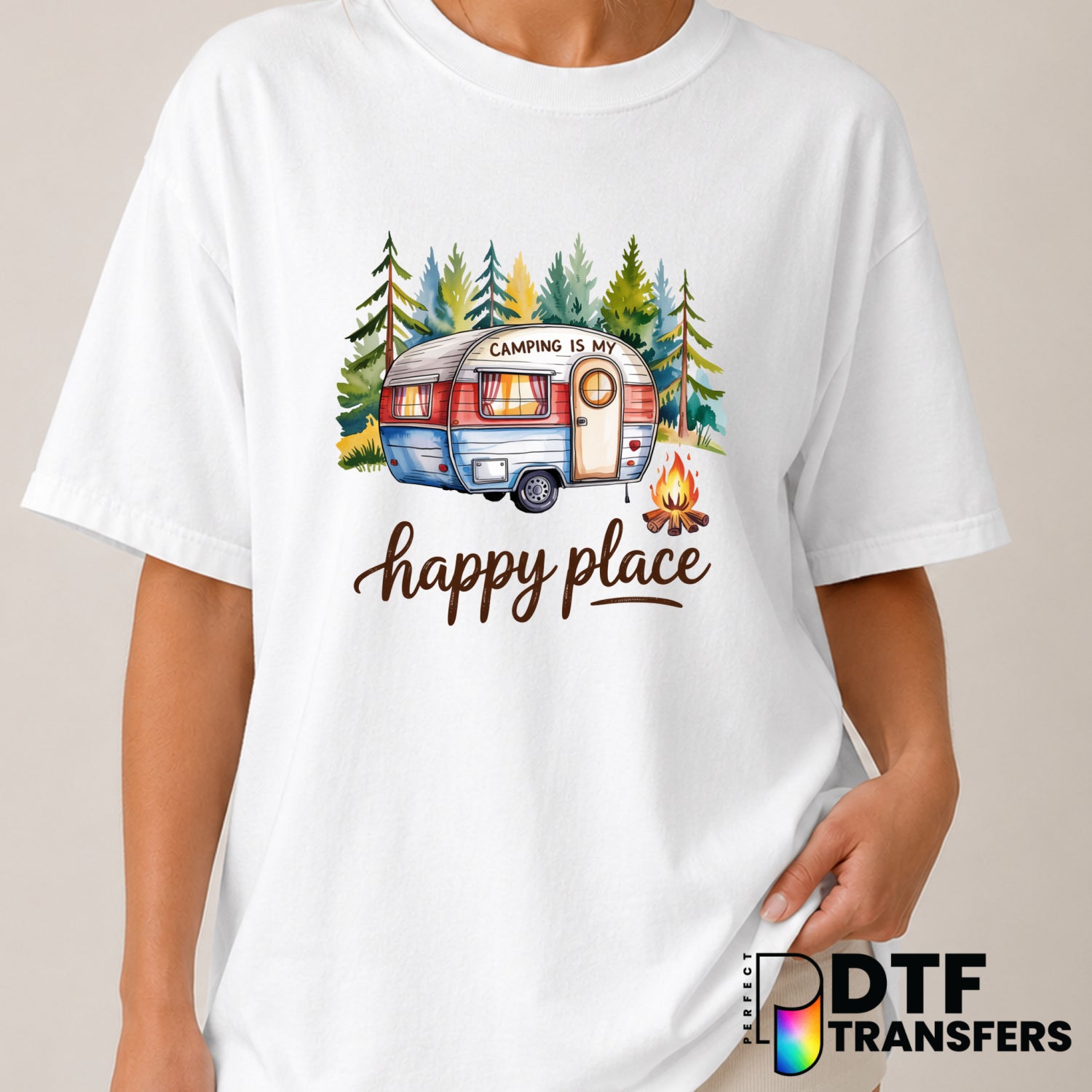Camping Is My Happy Place RV Camper – Camping DTF Transfer (view 1 of 2) – by Perfect DTF Transfers – Premade DTF Transfer...