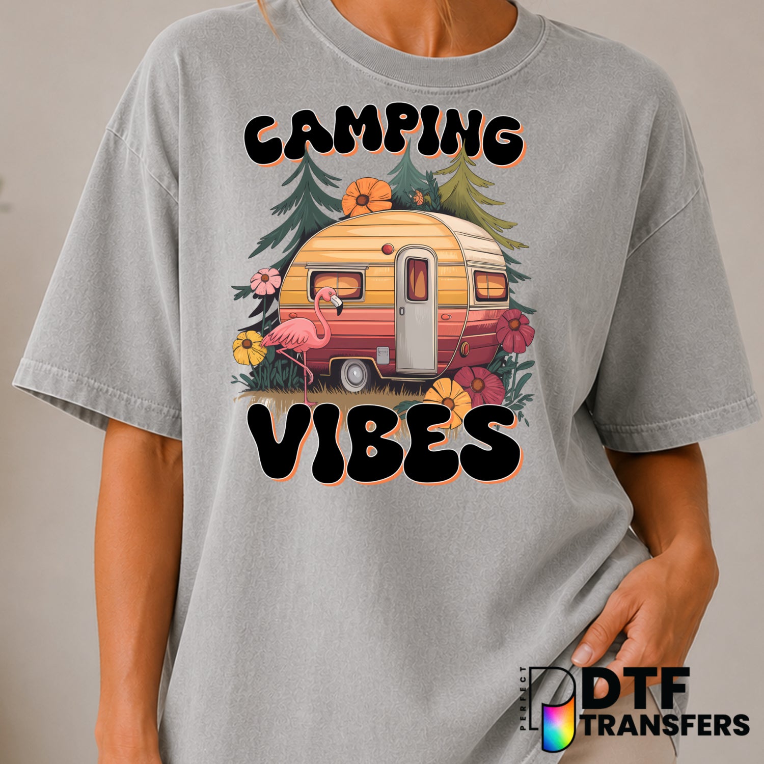 Camping Vibes Retro Camper – Camping DTF Transfer (view 1 of 2) – by Perfect DTF Transfers – Premade DTF Transfers – Campi...