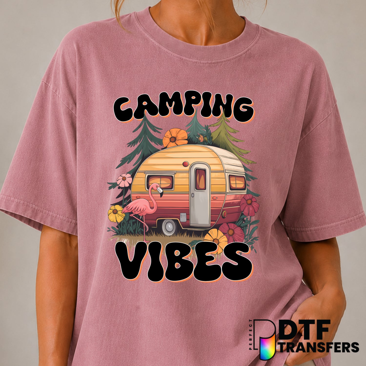 Camping Vibes Retro Camper – Camping DTF Transfer (view 2 of 2) – by Perfect DTF Transfers – Premade DTF Transfers – Campi...