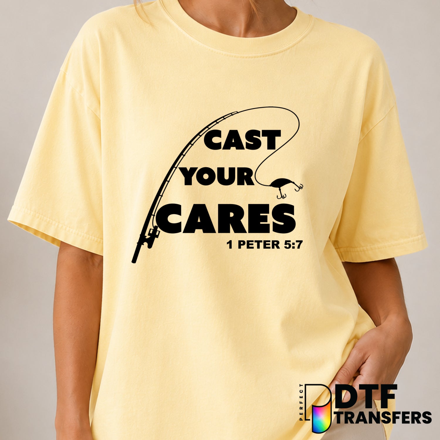 CAST YOUR CARES – Fishing DTF Transfer (view 1 of 2) – by Perfect DTF Transfers – Premade DTF Transfers – Fishing, Outdoor