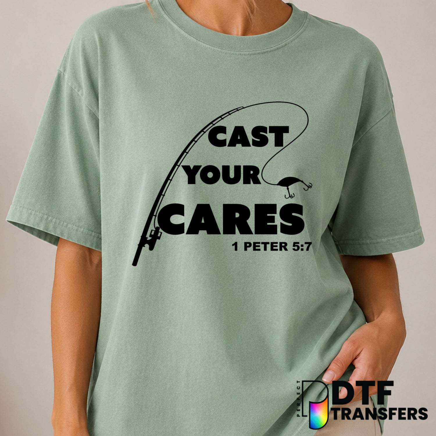 CAST YOUR CARES – Fishing DTF Transfer (view 2 of 2) – by Perfect DTF Transfers – Premade DTF Transfers – Fishing, Outdoor