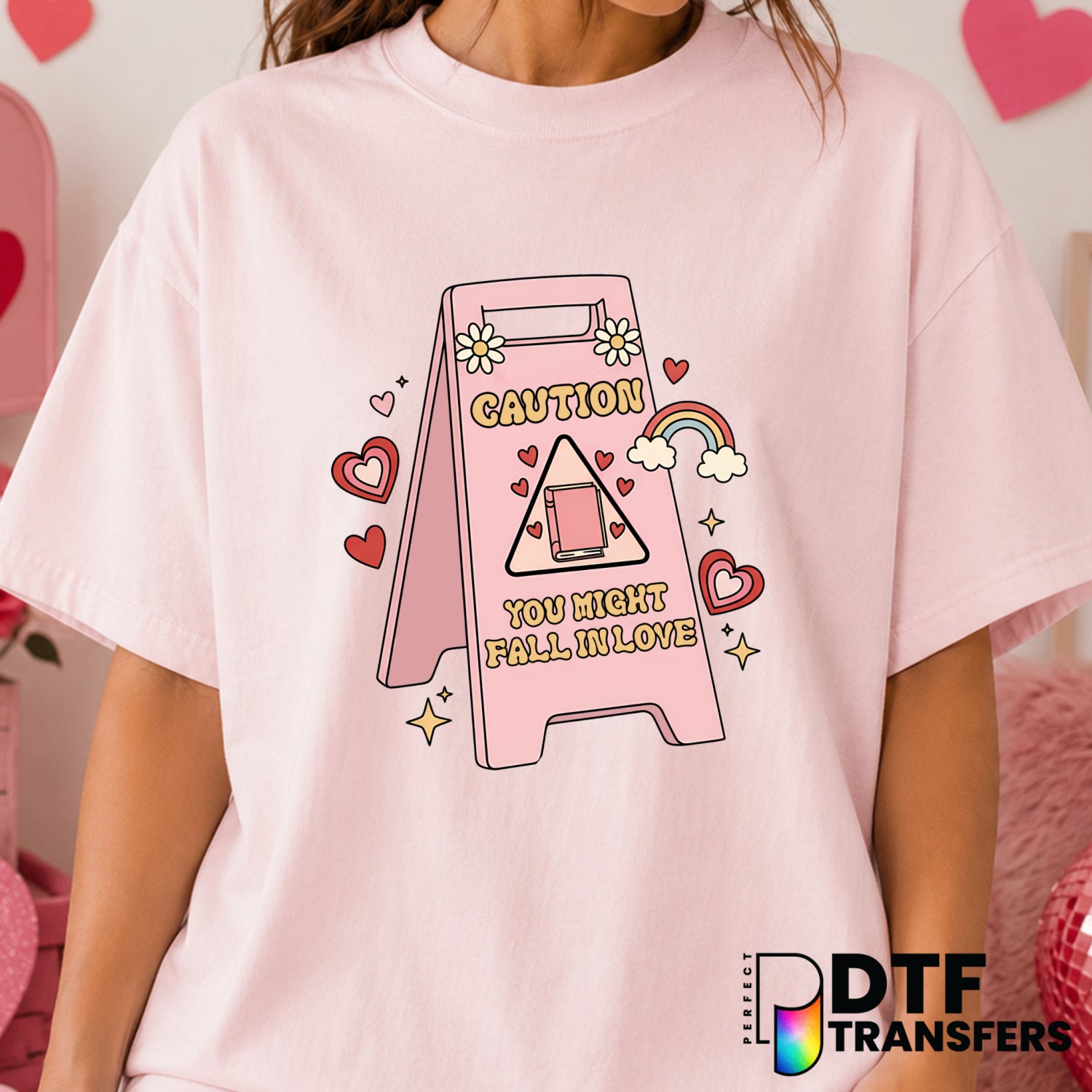 CAUTION You Might Fall In Love Bookish – Valentine's Day DTF Transfer (view 2 of 2) – by Perfect DTF Transfers – Premade D...
