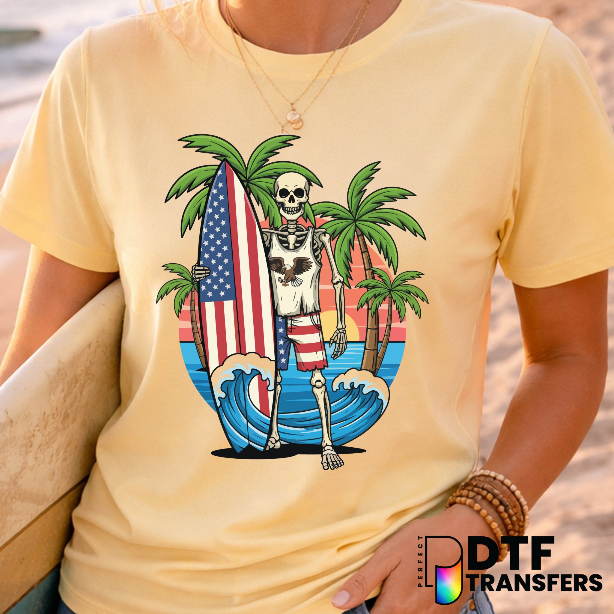 Patriotic Surfing Skeleton – Surfing DTF Transfer
